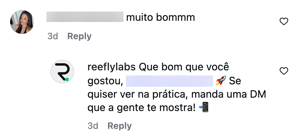 Reefly respondendo comentário no Instagram